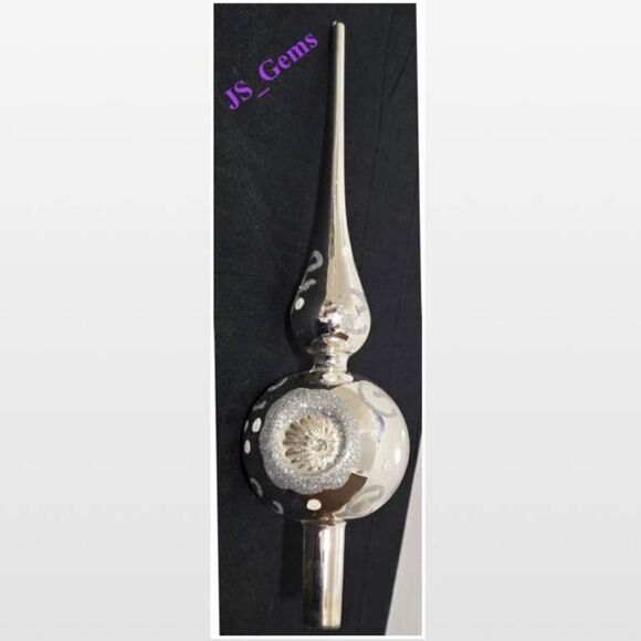 Vintage Christmas Tree Topper Silver Mirrored Glass With Glitter 10 Inch - Picture 1 of 16